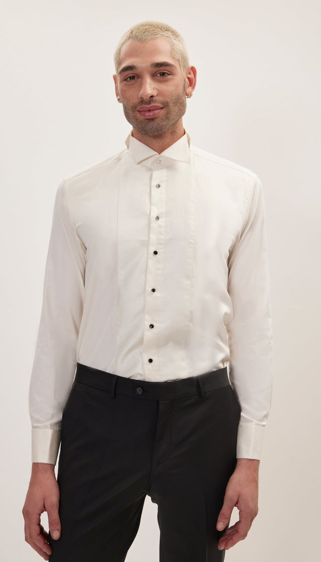 Pique Bib Tuxedo Shirt - Beige - Ron Tomson