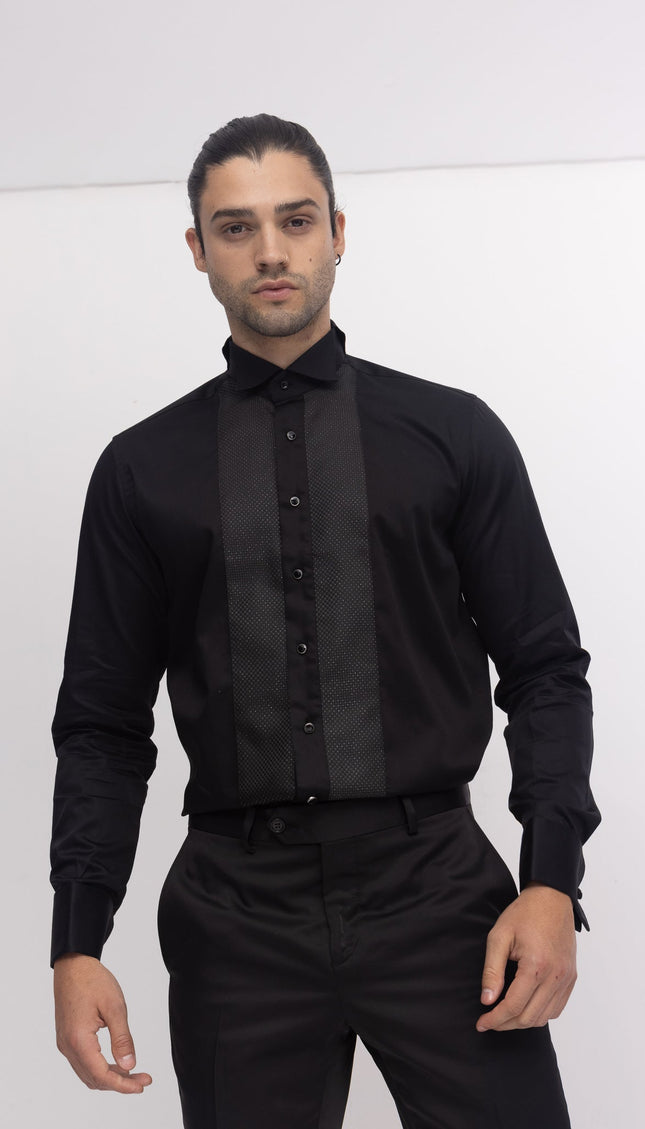 Pique Bib Tuxedo Shirt - Black Black - Ron Tomson
