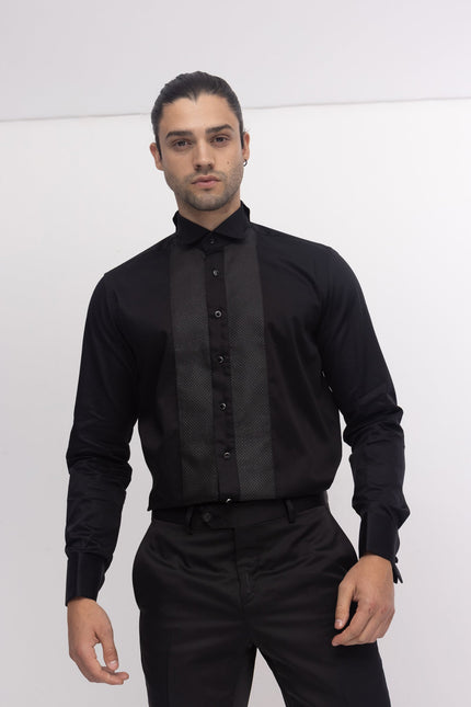 Pique Bib Tuxedo Shirt - Black Black - Ron Tomson