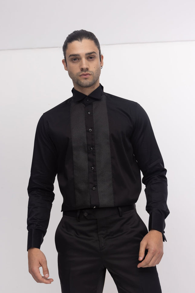 Pique Bib Tuxedo Shirt - Black Black - Ron Tomson
