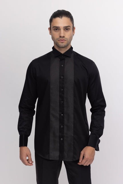 Pique Bib Tuxedo Shirt - Black Black - Ron Tomson