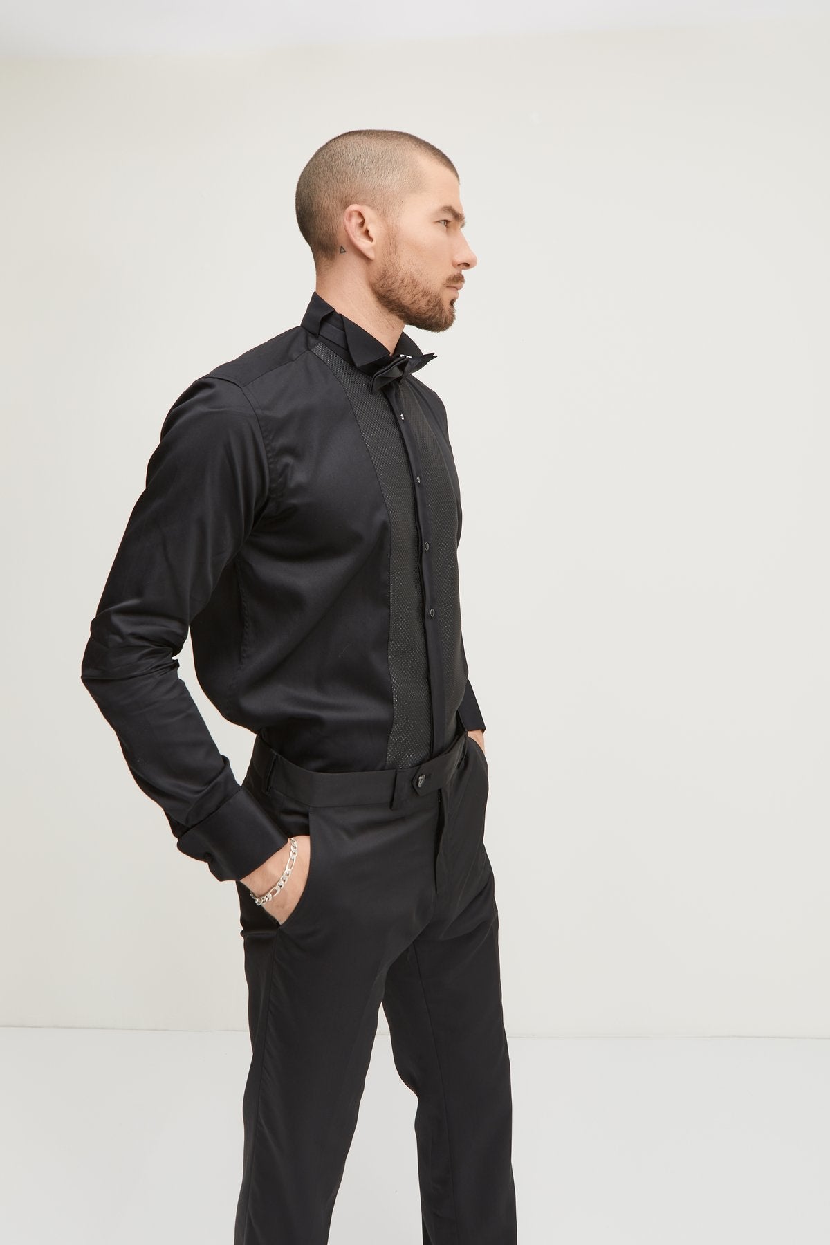Men's Pique Bib Wing Collar Tuxedo Shirt - Black | Ron Tomson Black Black / XL (17.5 US) Men's Pique Bib Wing Collar Tuxedo Shirt - Black | Ron Tomson Black Black / XL (17.5 US)