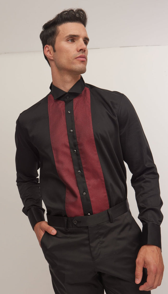 Pique Bib Tuxedo Shirt - Black Burgundy - Ron Tomson