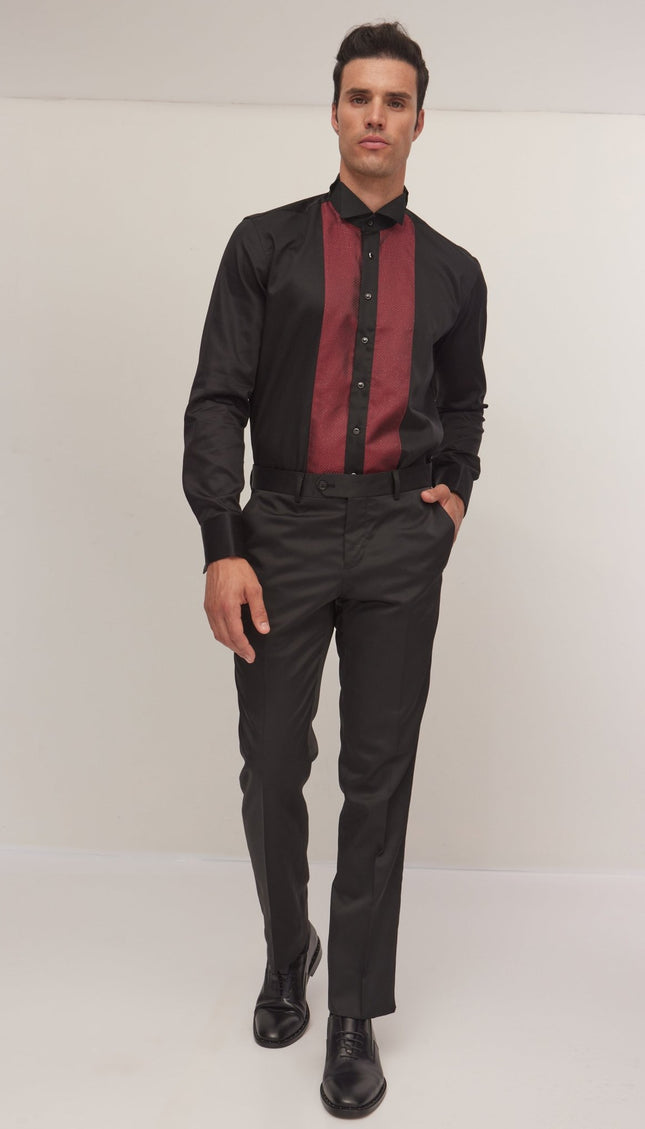 Pique Bib Tuxedo Shirt - Black Burgundy - Ron Tomson