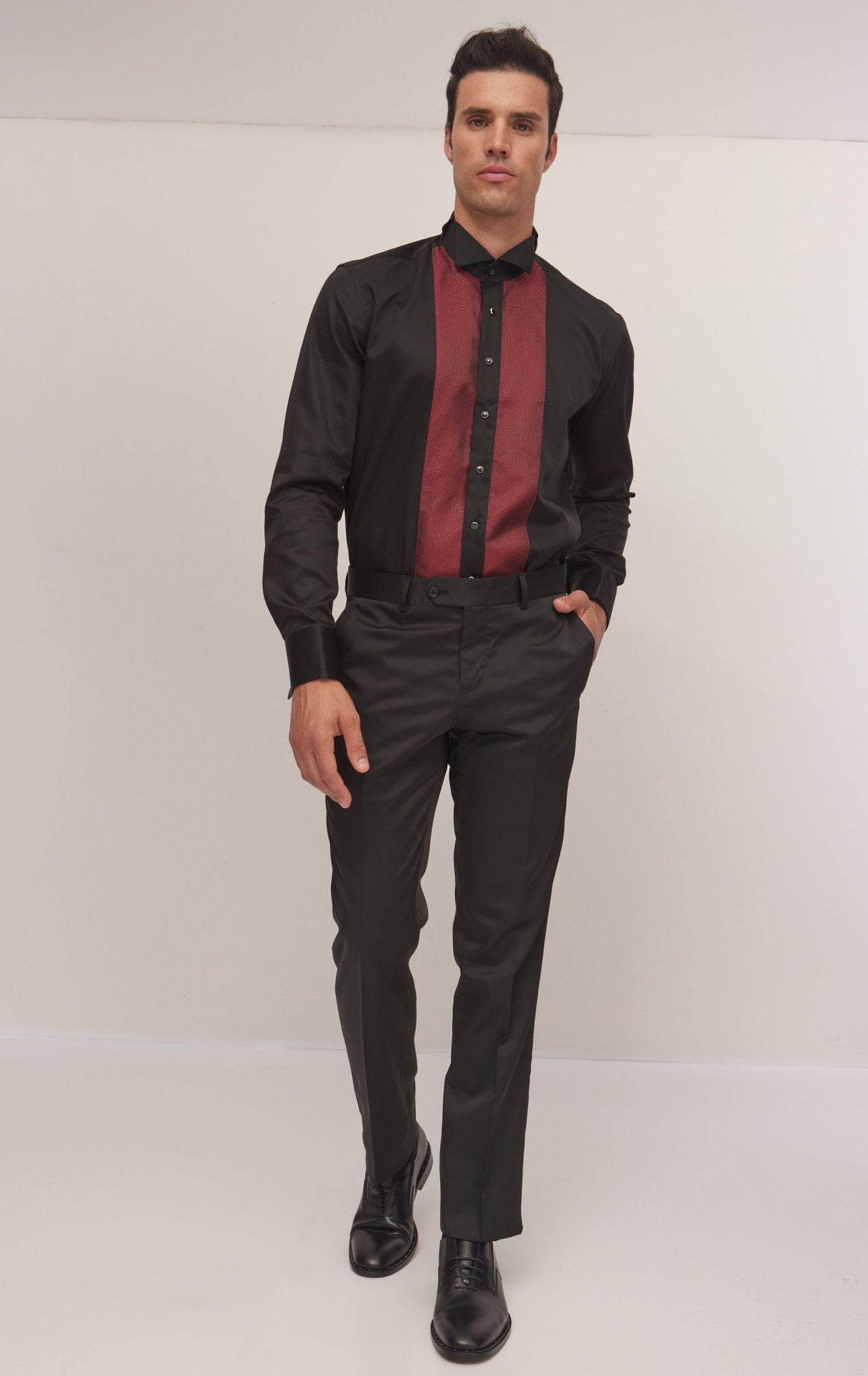 Pique Bib Tuxedo Shirt Black Burgundy Ron Tomson