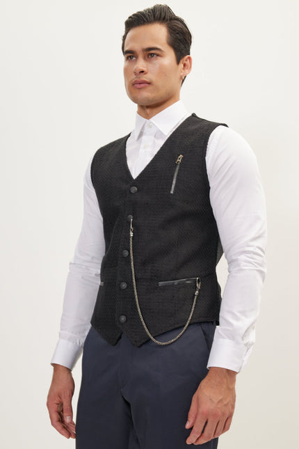 Pique Pocket-Watch Chain Vest - Black - Ron Tomson