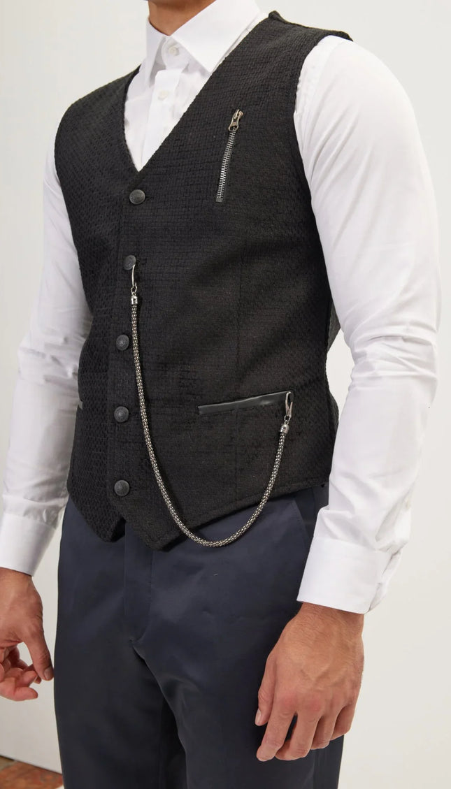 Pique Pocket-Watch Chain Vest - Black - Ron Tomson
