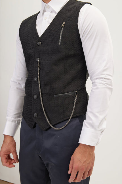 Pique Pocket-Watch Chain Vest - Black - Ron Tomson