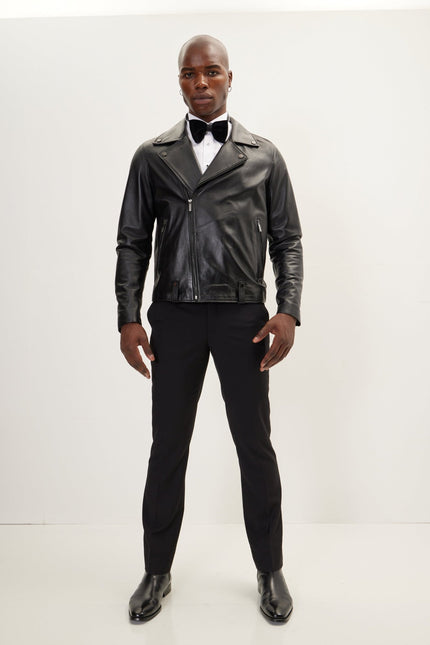 Men's Plain Leather Moto - Black - Ron Tomson Leather