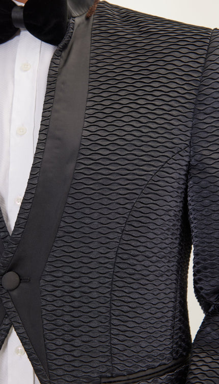 Pleated Satin Mandarin Collar Tuxedo Jacket - Black - Ron Tomson