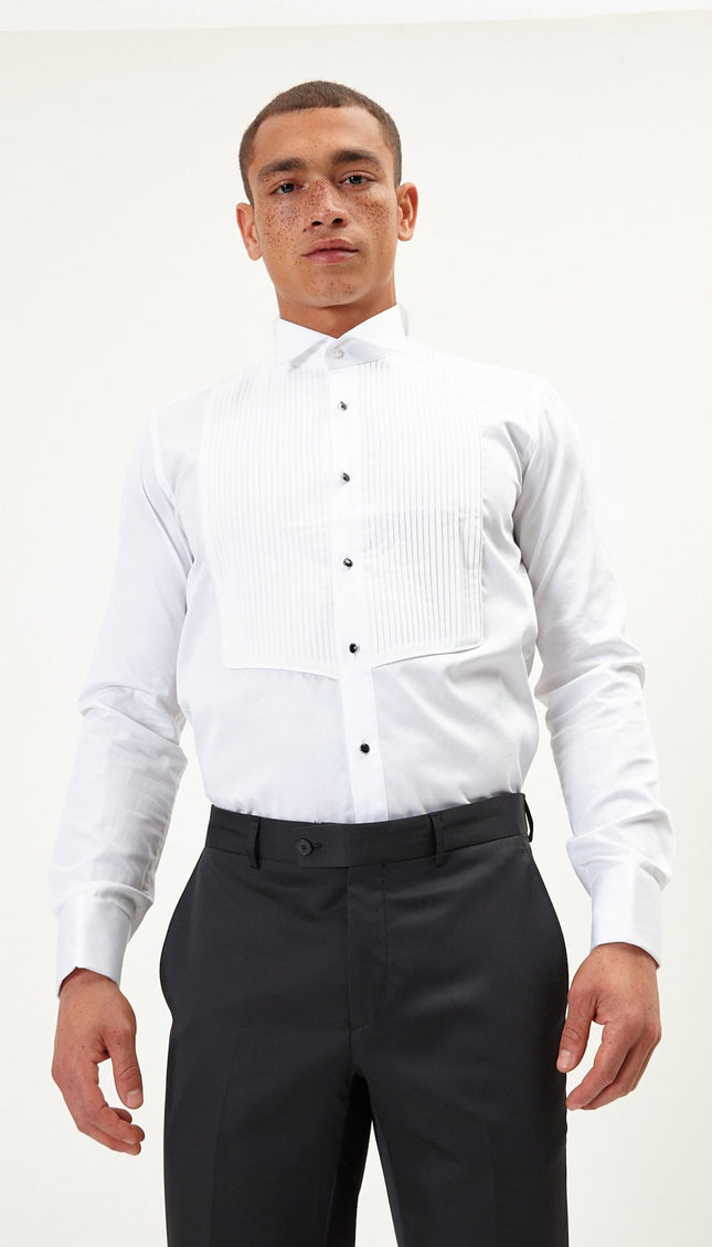 Pleated Wing Tip Collar Shirt - White - Ron Tomson