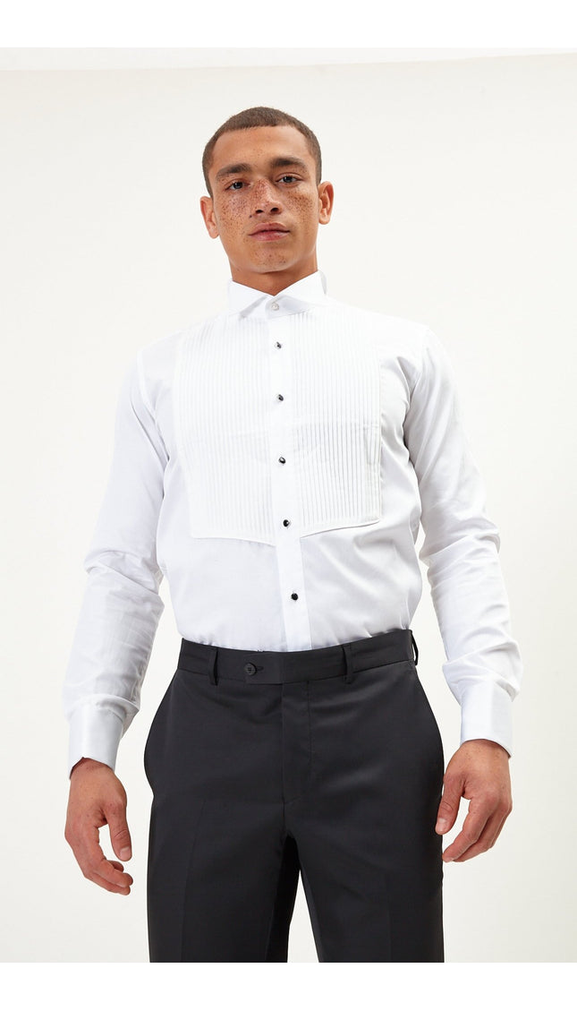 Pleated Wing Tip Collar Shirt - White - Ron Tomson