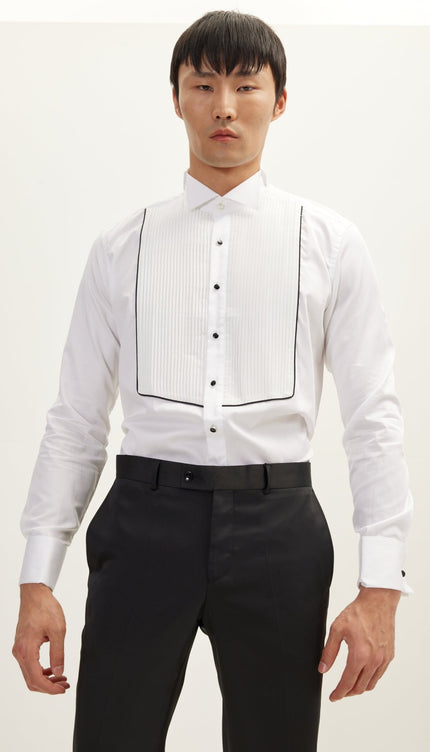 Pleated Wing Tip Collar Shirt - White Black - Ron Tomson
