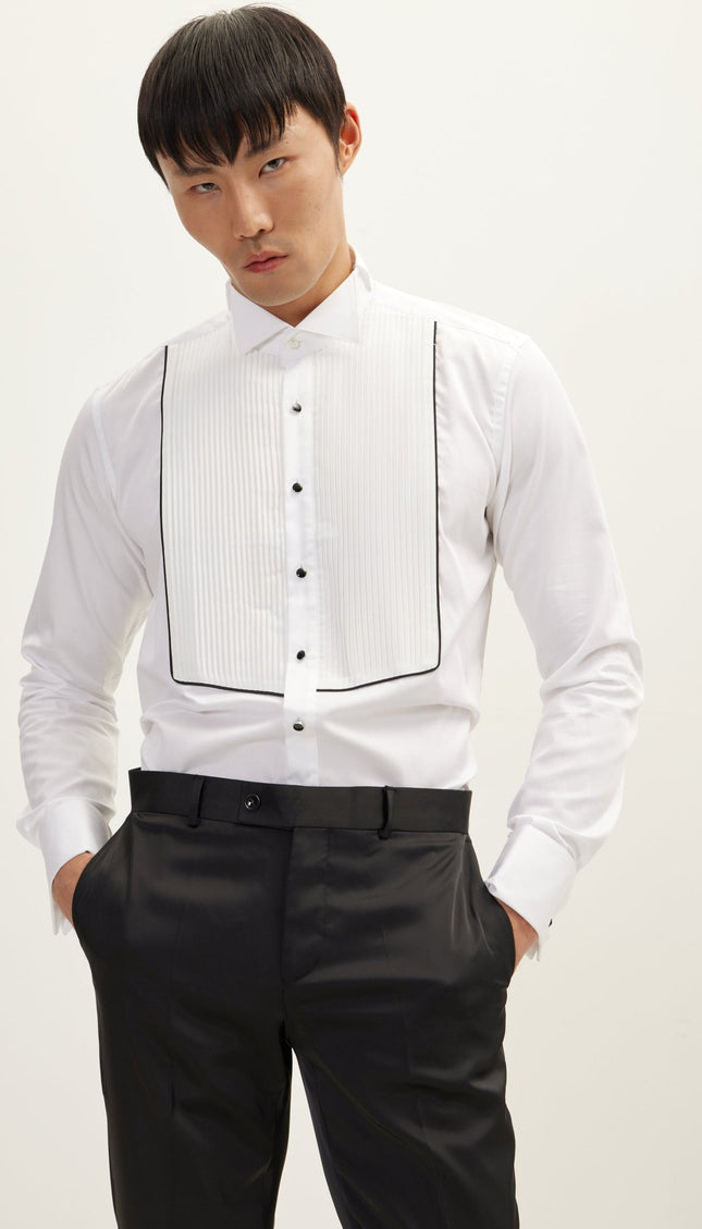 Pleated Wing Tip Collar Shirt - White Black - Ron Tomson
