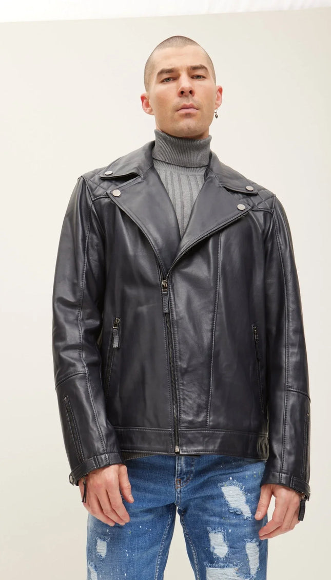 Premium Lamb Skin Motorcycle Jacket - Black - Ron Tomson
