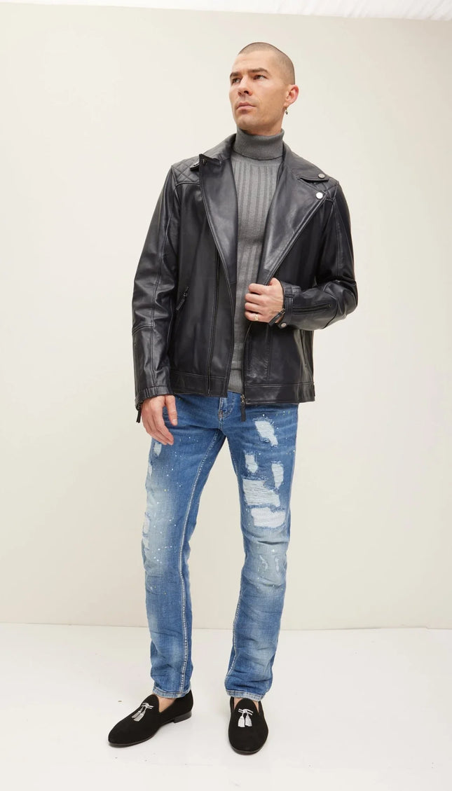 Premium Lamb Skin Motorcycle Jacket - Black - Ron Tomson