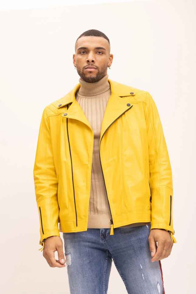 Men's Premium Lamb Skin Motorcycle Jacket - Yellow - Leather - Ron Tomson