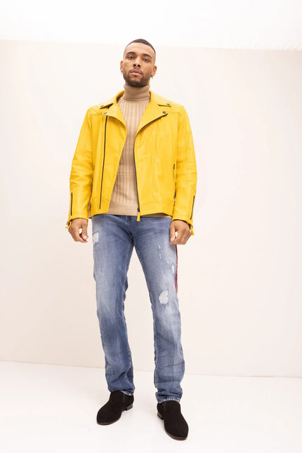 Men's Premium Lamb Skin Motorcycle Jacket - Yellow - Ron Tomson Leather