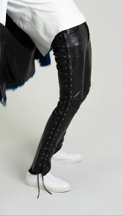 Premium Lambskin Lace - Up Leather Pants - Black - Ron Tomson