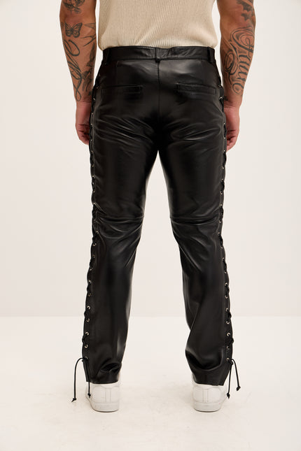 Men's Premium Lambskin Lace-Up Leather Pants - Black - Ron Tomson Los Angeles