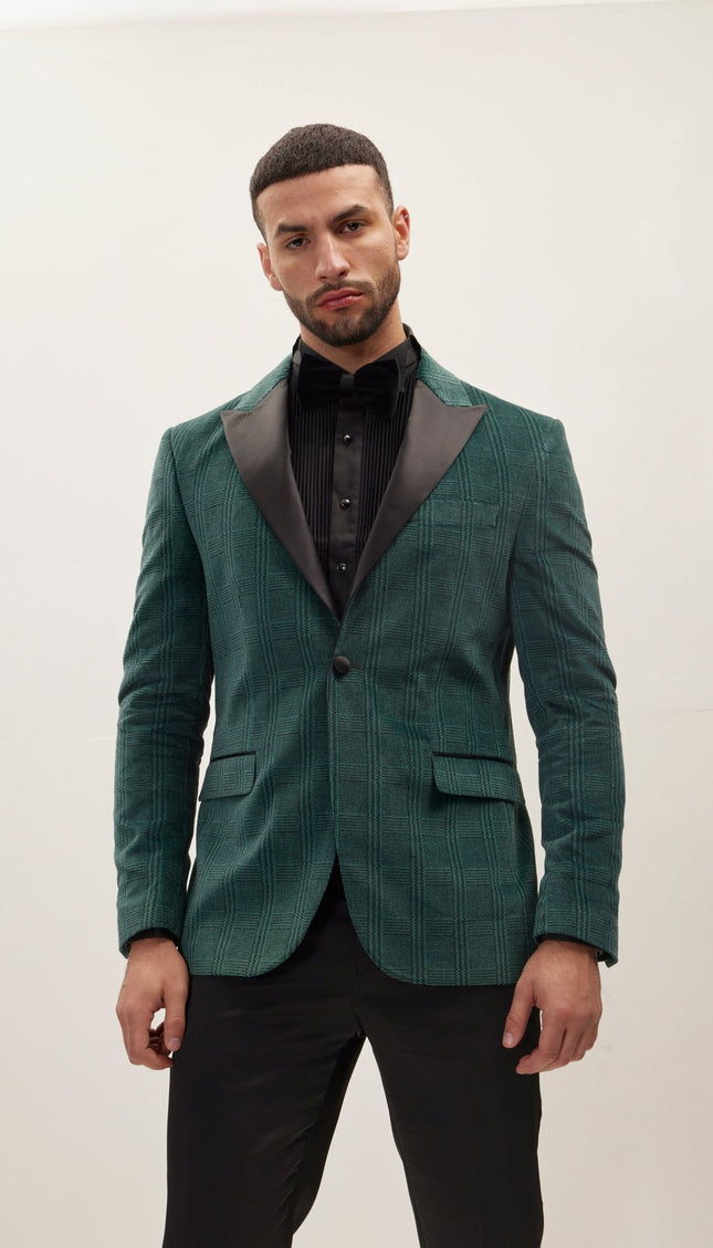 Prince Of Wales Peak Lapel Velvet Tuxedo Jacket - Green - Ron Tomson