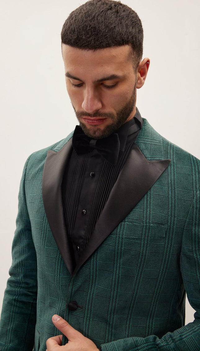Prince Of Wales Peak Lapel Velvet Tuxedo Jacket - Green - Ron Tomson