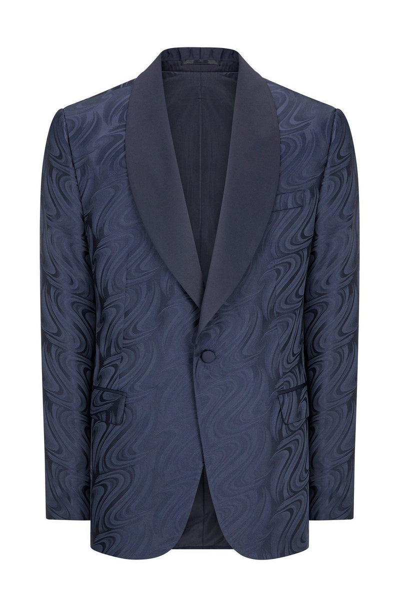 Psychedelic Texture Shawl Lapel Tuxedo Jacket- Navy - Ron Tomson