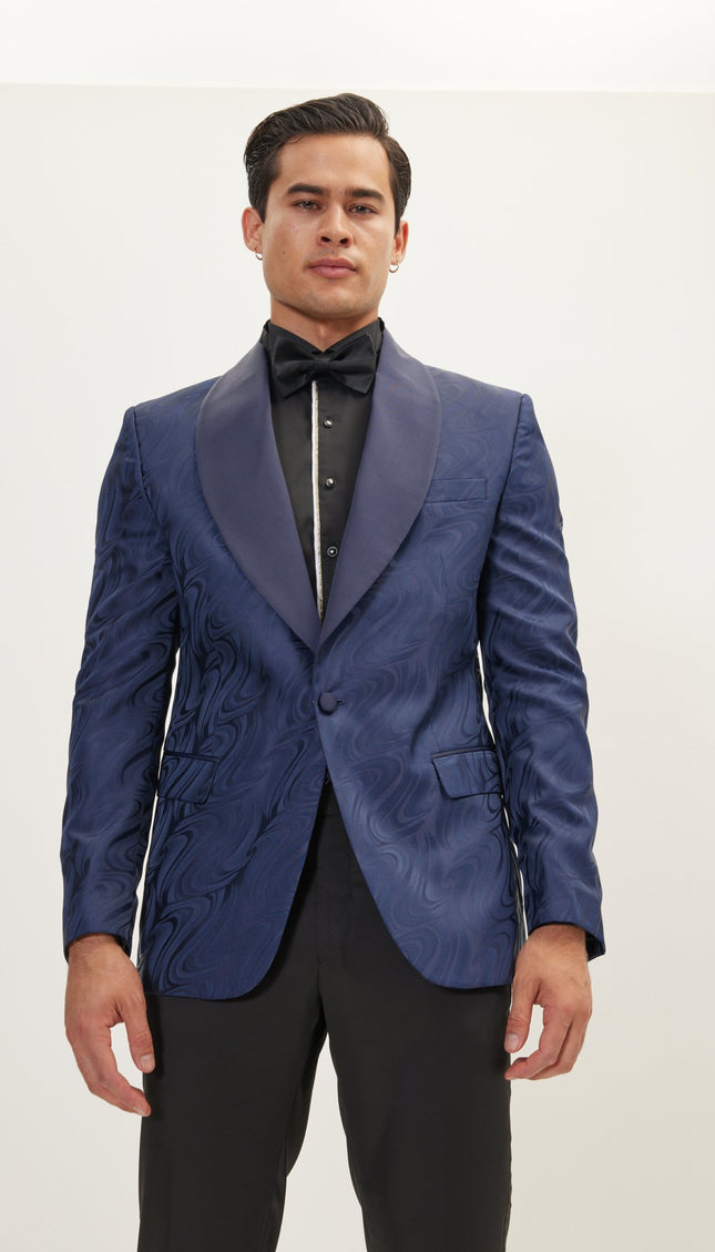 Psychedelic Texture Shawl Lapel Tuxedo Jacket- Navy - Ron Tomson