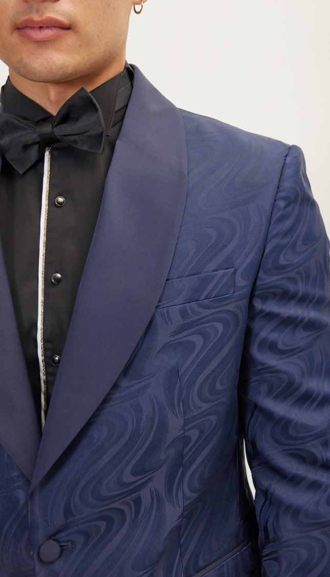 Psychedelic Texture Shawl Lapel Tuxedo Jacket- Navy - Ron Tomson