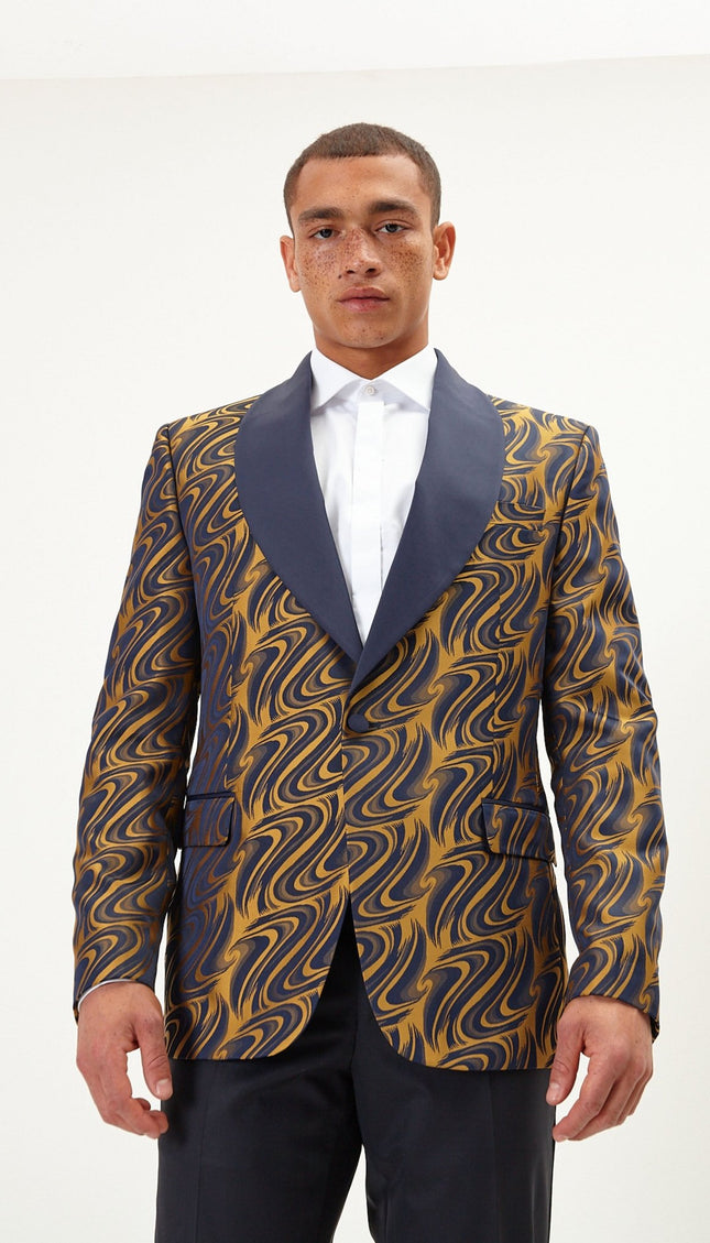 Psychedelic Texture Shawl Lapel Tuxedo Jacket - Navy Gold - Ron Tomson