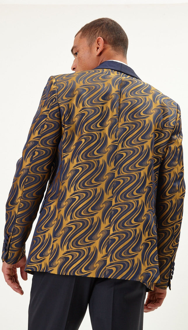 Psychedelic Texture Shawl Lapel Tuxedo Jacket - Navy Gold - Ron Tomson