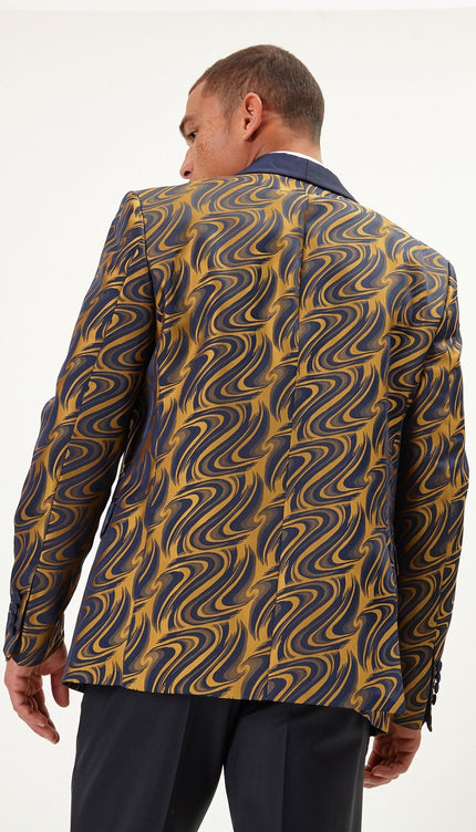 Psychedelic Texture Shawl Lapel Tuxedo Jacket - Navy Gold - Ron Tomson