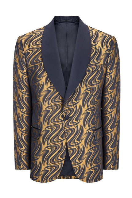 Psychedelic Texture Shawl Lapel Tuxedo Jacket - Navy Gold - Ron Tomson