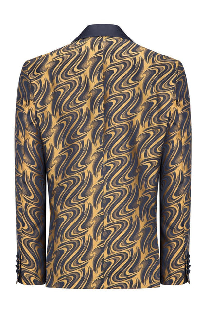 Psychedelic Texture Shawl Lapel Tuxedo Jacket - Navy Gold - Ron Tomson