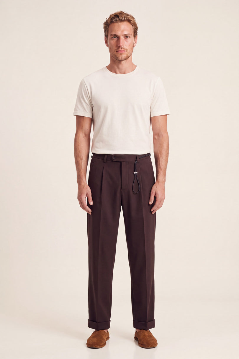Pleated Wide Leg Trousers - Dark Brown