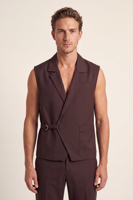 Belted Notch Lapel Waistcoat - Dark Brown