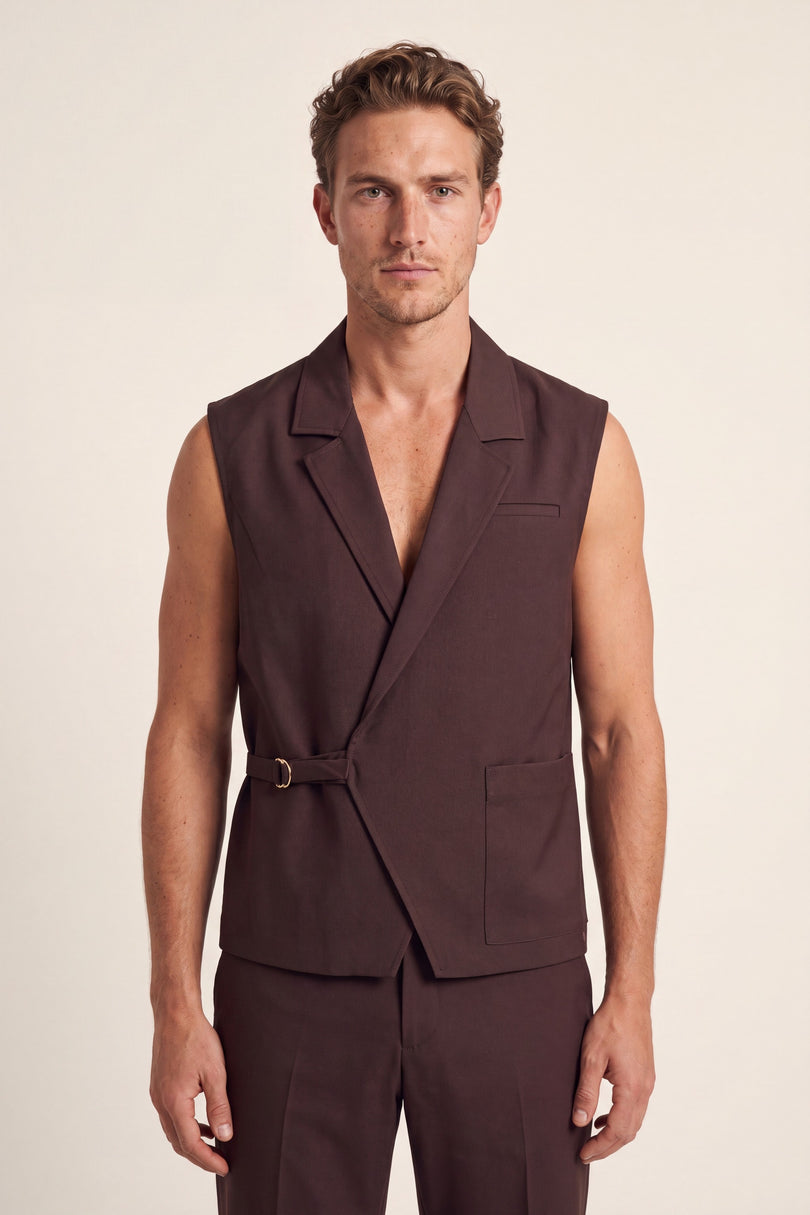 Belted Notch Lapel Waistcoat - Dark Brown