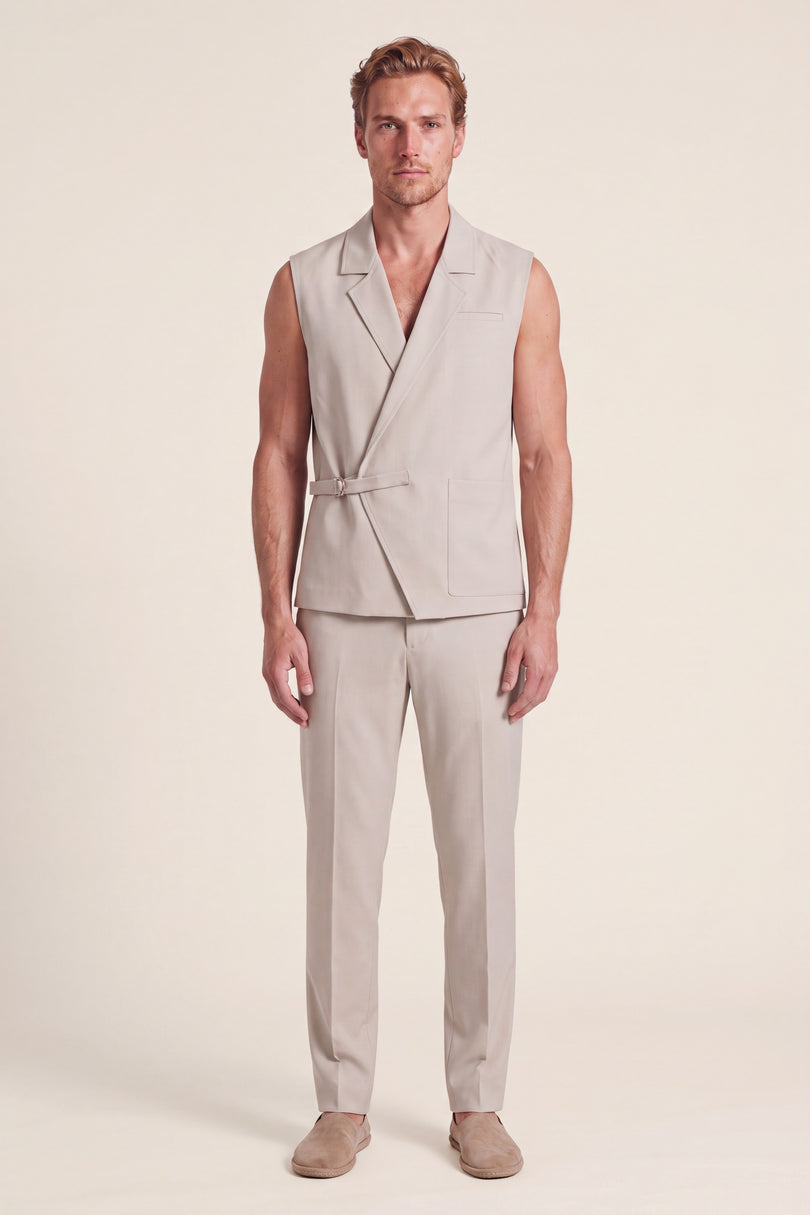 Belted Notch Lapel Waistcoat - Stone