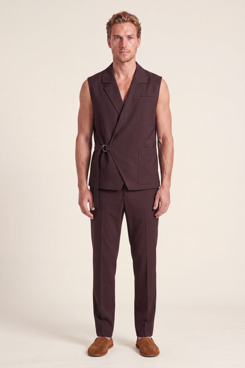 Belted Notch Lapel Waistcoat - Dark Brown