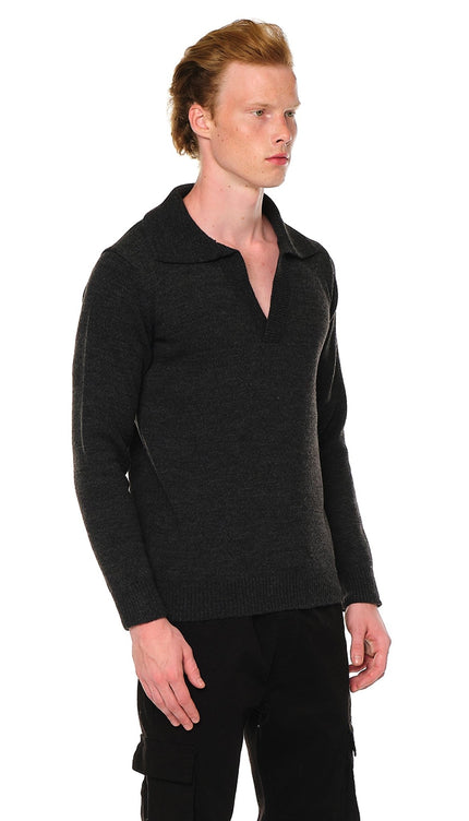 Pullover V Neck Knit Sweater - Anthracite - Ron Tomson