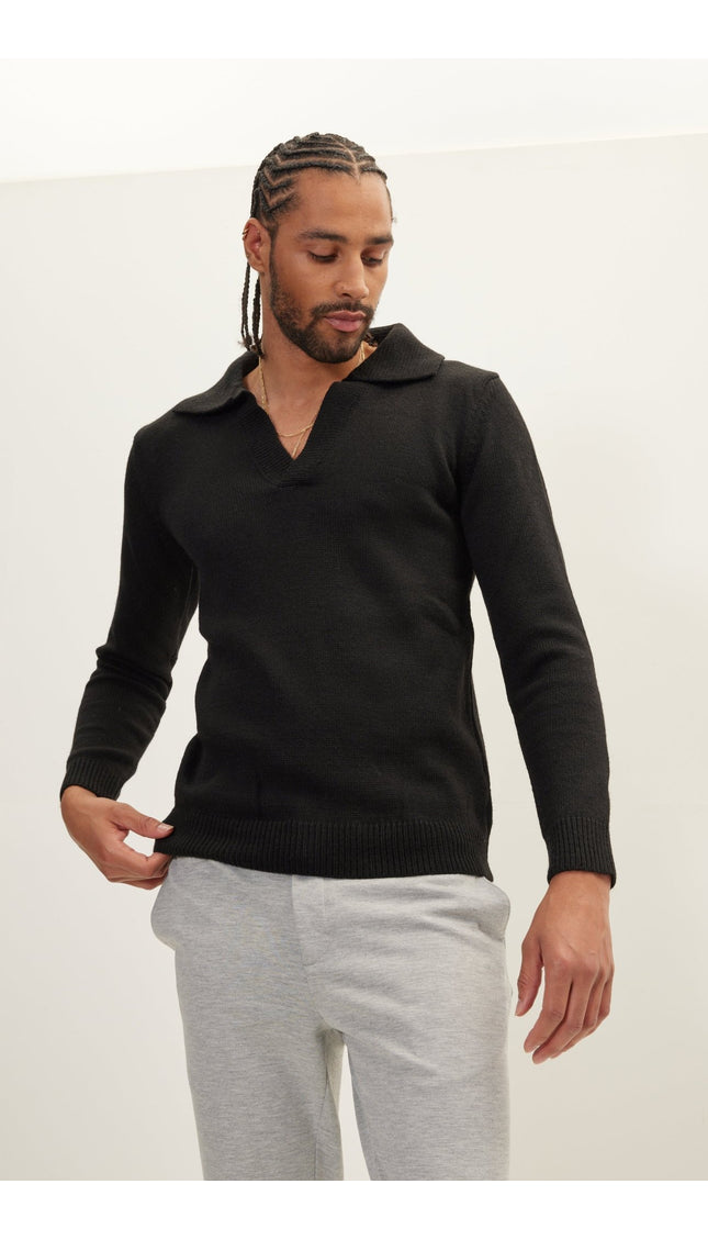 Pullover V Neck Knit Sweater - Black - Ron Tomson