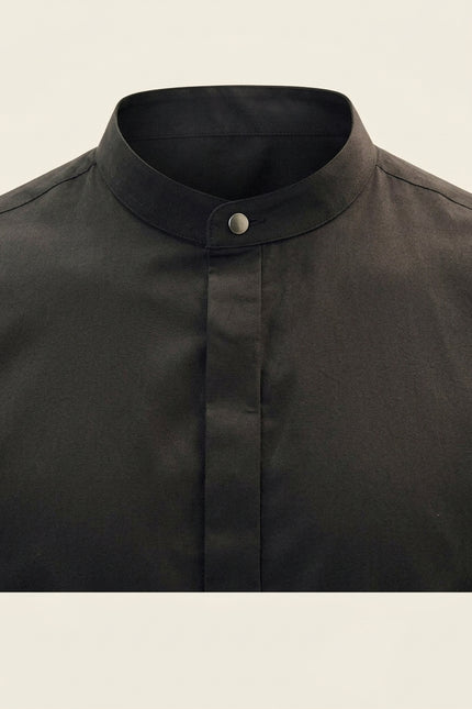 Pure Cotton Band Collar Dress Shirt - Black - Detail