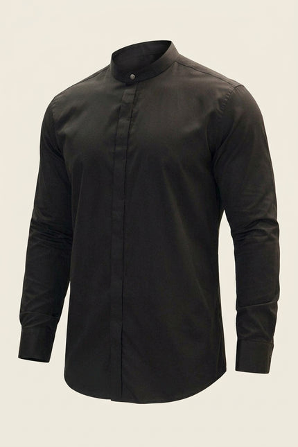 Pure Cotton Band Collar Dress Shirt - Black - Front