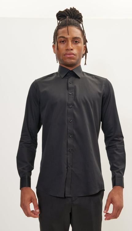 Pure Cotton Classic Collar Sateen Dress Shirt - Black - Ron Tomson