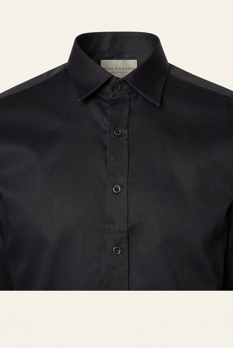 Pure Cotton Classic Collar Sateen Dress Shirt - Black - Detail