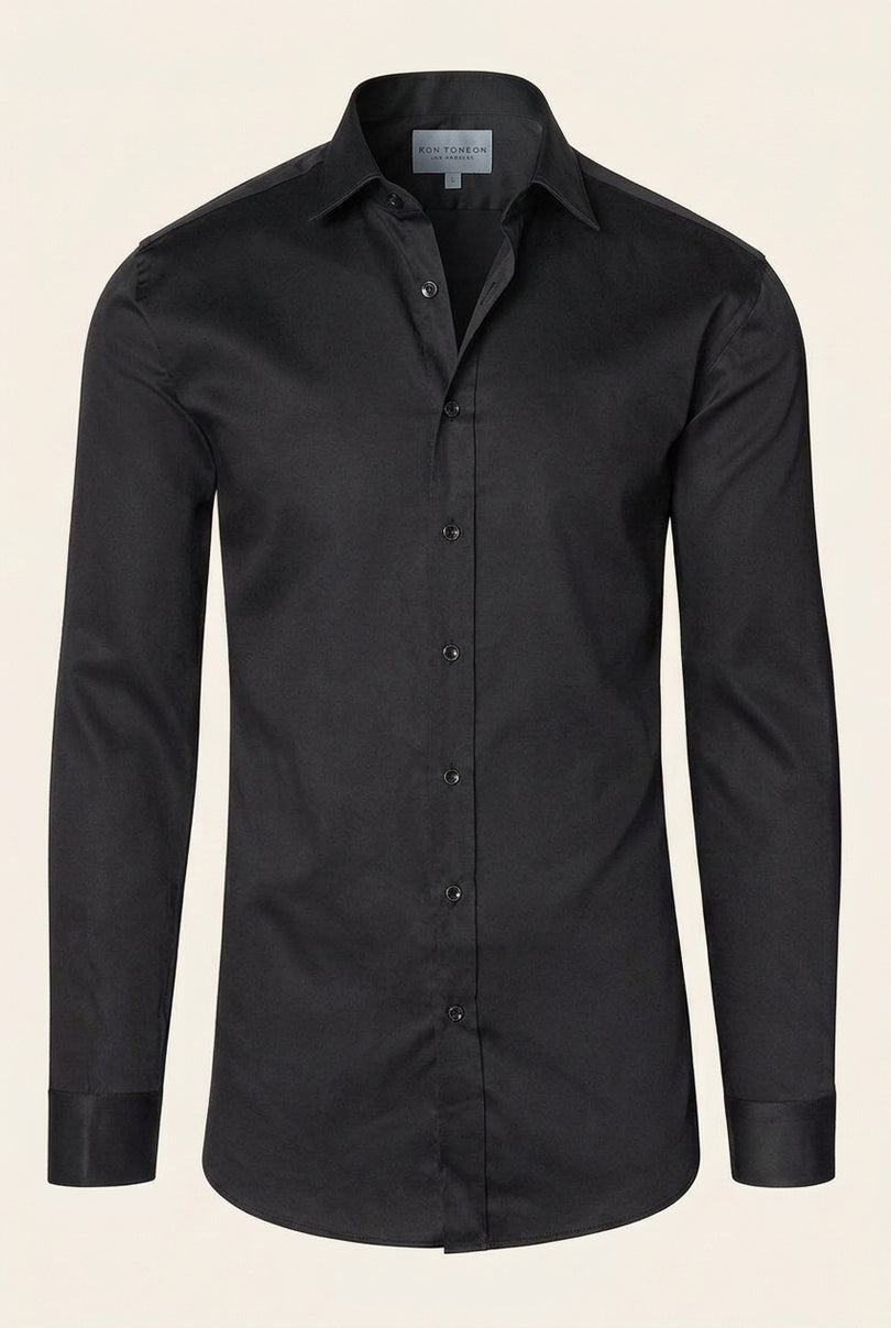 Pure Cotton Classic Collar Sateen Dress Shirt - Black - Front (Alt)