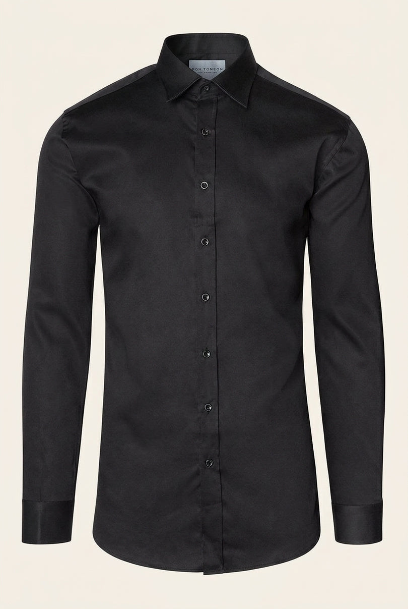 Pure Cotton Classic Collar Sateen Dress Shirt - Black - Front