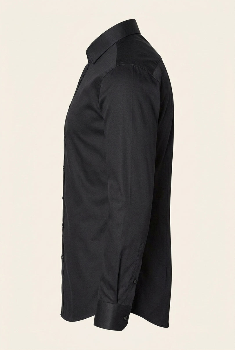Pure Cotton Classic Collar Sateen Dress Shirt - Black - Side