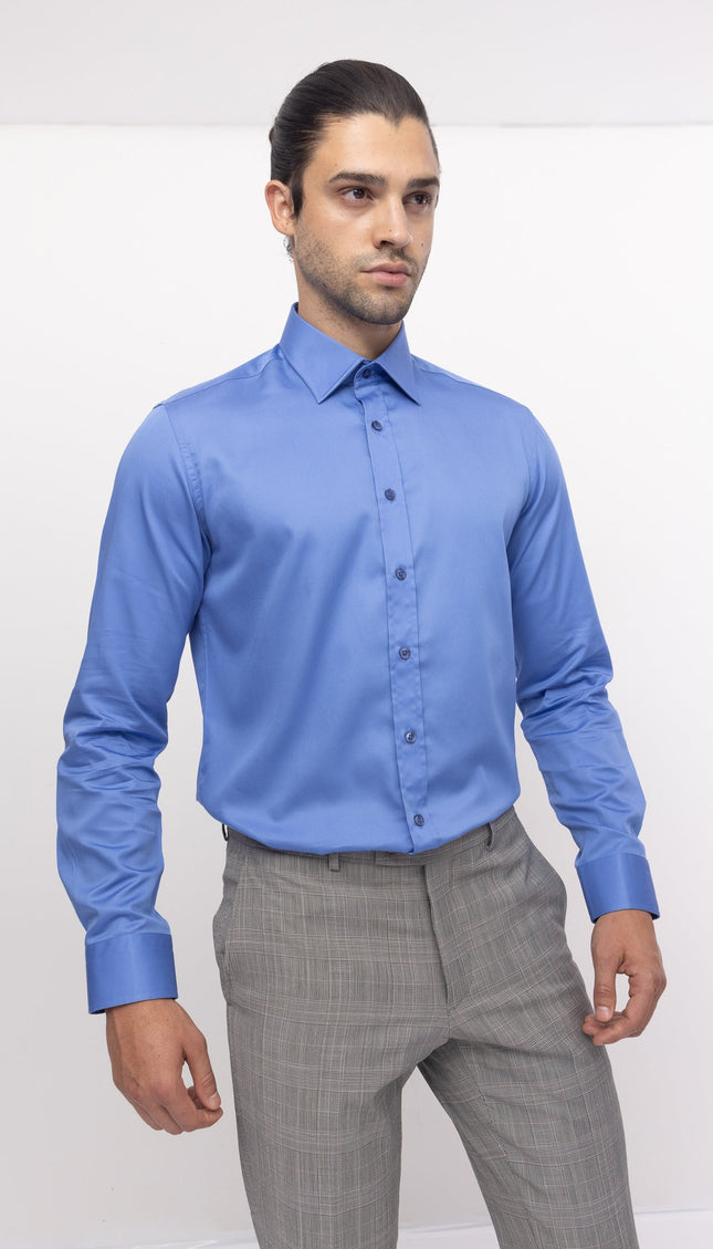 Pure Cotton Classic Collar Sateen Dress Shirt - Blue - Ron Tomson