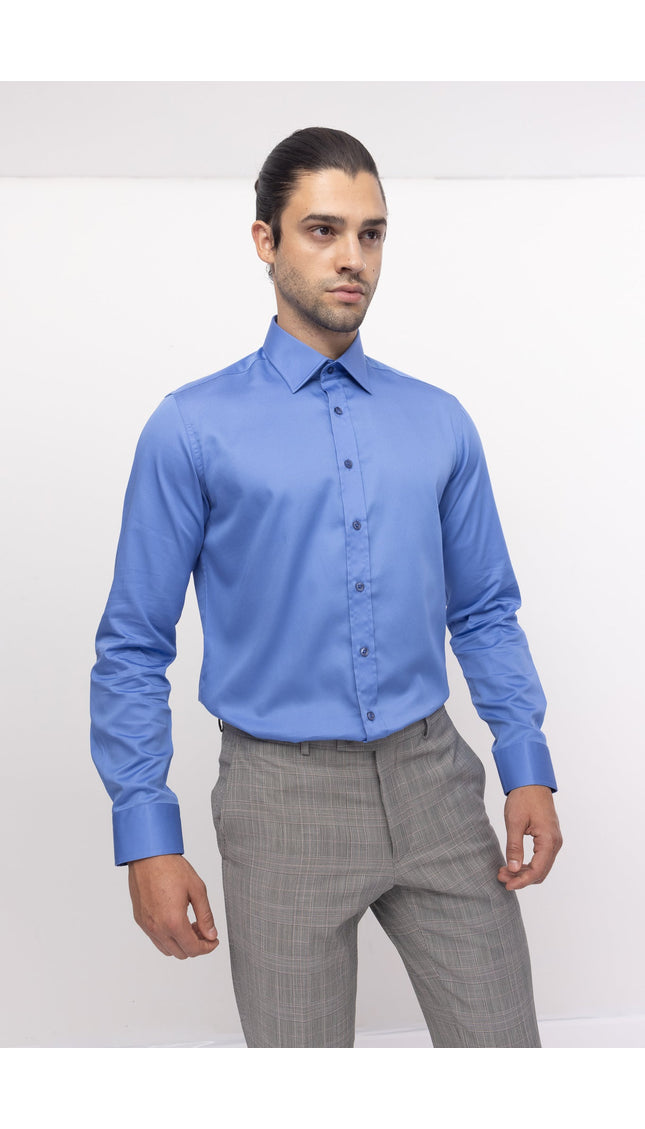Pure Cotton Classic Collar Sateen Dress Shirt - Blue - Ron Tomson